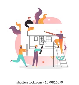 Huge architectural plan and micro male characters engineer architect with pencil, construction workers, vector illustration. House project building concept for web banner, website page etc.