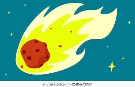 Huge asteroid is flying towards  surface of  planet across  entire galaxy. Comet falls apart into smaller pieces as it moves. Meteorite is burning. Starry sky, outer space. Vector background.