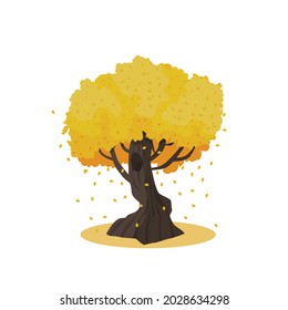 Huge autumn tree with large trunk. Yellow and orange falling leaves isolated on white background vector illustration. Fall foliage.