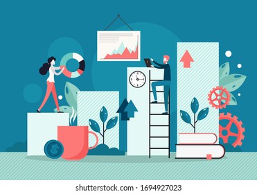 Grandes gráficos de barras y microempresas estudiando infografías, analizando gráficos estadísticos en la oficina, vectores de diseño plano ilustración. Trabajo en equipo de oficina, análisis de datos, análisis de negocios.