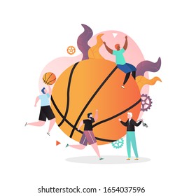 Huge basketball ball and micro male characters playing sport game, vector illustration. Basketball team game concept for web banner, website page etc.