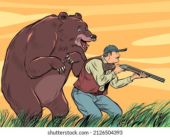 A huge bear and a hunter, a funny scene. a predator has crept up on a man. Pop Art Retro Vector Illustration 50s 60s Vintage kitsch style