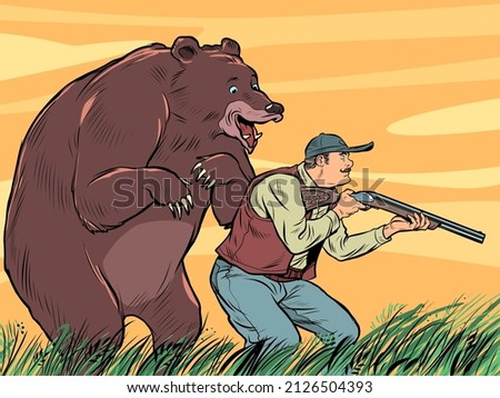 A huge bear and a hunter, a funny scene. a predator has crept up on a man. Pop Art Retro Vector Illustration 50s 60s Vintage kitsch style [[stock_photo]] © 