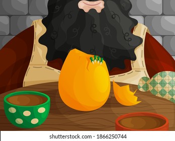 Huge beard man sitting at the wooden table. Egg with a dragon and mugs with hot drinks on the table. Stone wall in the background. Flat style illustration.
