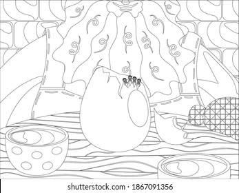 Huge beard man sitting at the wooden table. Egg with a dragon and mugs with hot drinks on the table. Stone wall in the background. Black and white coloring page. Flat style illustration.