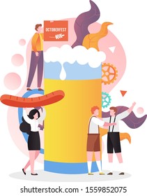 Huge beer mug, micro male characters having fun, woman holding big sausage, vector illustration. Oktoberfest celebration composition for web banner, website page etc.
