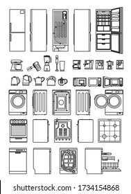 Huge big large kitchen set of home, household, domestic, appliances, equipment, electronics, white goods. Vector lined flat illustration of fridge, microwave, coffemaker, stove, mixer, blender lines