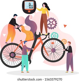 Huge bike and micro male and female characters holding bicycle spare parts, vector illustration. Bicycle repair and maintenance service composition for web banner, website page etc.