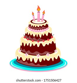 Huge birthday cake with candles. Bright vector illustration of a cake on a white background.