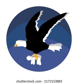A huge black eagle flies against the background of the night sky and holds in yellow clawed paws a small white relaxed person who does not resist.