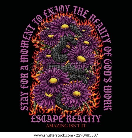 A huge black snake controls a huge purple flower that is extremely beautiful, and the background is fiery red flames
