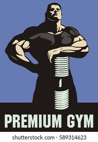 huge bodybuilder with big dumbbell, vector image