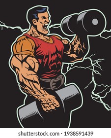 Huge bodybuilder doing bicep curls with big dumbbells, vector illustration