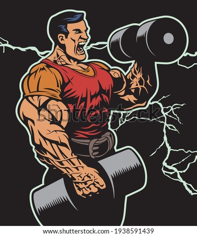 Huge bodybuilder doing bicep curls with big dumbbells, vector illustration