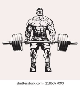 Huge bodybuilder in heavy boots doing deadlifts with big barbell, vector image