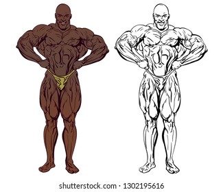 Huge bodybuilder vector illustration. Lats spread pose. Graphic colored and outline template isolated on white background. EPS10