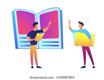 Huge book, teacher pointing and student vector illustration.