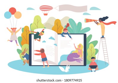 Huge books and children. Children are meeting the characters in the story. flat design style minimal vector illustration.