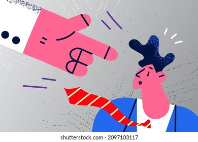 Huge boss hand point threaten to scared male employee or worker about firing. Businessman or employer make warning to man at workplace. Subordinate, job discrimination. Vector illustration. 