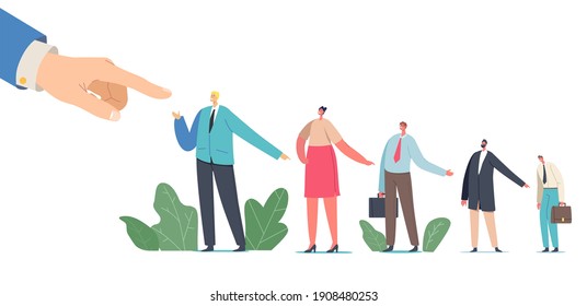 Huge Boss Hand Pointing with Finger on Business People Stand in Row Shift the Blame on Confused Businessman Scapegoat Character at Workplace, Job Burden, Blaming, Pressure. Cartoon Vector Illustration