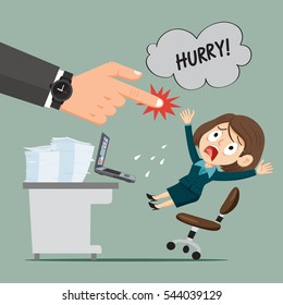 Huge boss hand pointing index finger at female employee with word hurry up, vector illustration cartoon