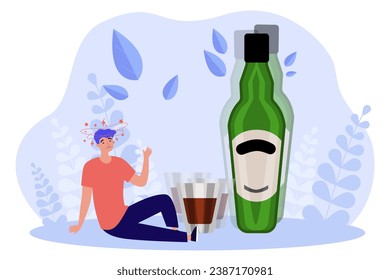 Huge bottle of alcohol and man feeling dizzy. Flat vector illustration. Shot glass, beverage. Vertigo, hangover, aftereffects of drunkenness concept