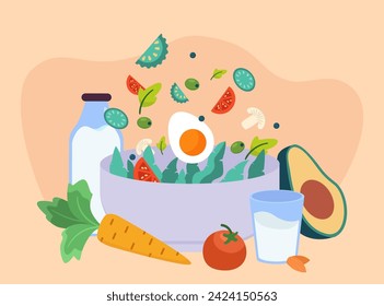 Huge bowl with fresh vegetables, bottle and glass of milk. Vector illustration. Nutritional products. National nutrition month, healthy food concept