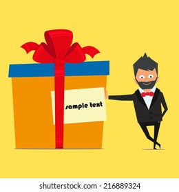 huge box with a gift. handsome man with gift. card your text. vector illustration.