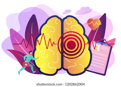 Huge brain with red circles pain epicenter and doctor running. Stroke and headache, oxygen-deprived brain and first aid concept on white background. Bright vibrant violet vector isolated illustration