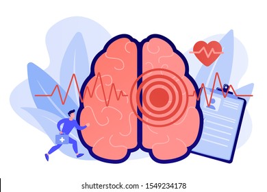 Huge brain with red circles pain epicenter and doctor running. Stroke and headache, oxygen-deprived brain and first aid concept on white background. Pinkish coral bluevector vector isolated