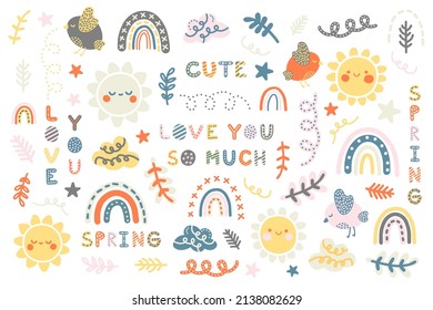 A huge bright vector spring and summer set of more than 60 elements! Various children's doodles in Scandinavian style on a white background with inscriptions. For kids, textiles, postcards, wrappers