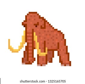 Huge brown woolly mammoth with tusks, 8 bit pixel art character isolated on white background. Prehistoric Ice Age animal symbol. Historic Natural science museum exibit.