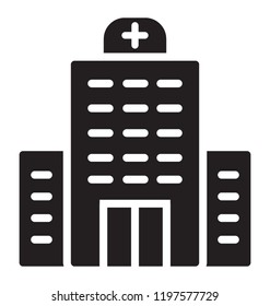A huge building with a plus sign representing it is a medical building
