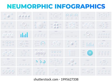 Huge Bundle Of Infographic Slides In Neumorphic Style. Business Data Visualization For Presentation. Vector Info Graphic. Unique Neumorphism Ui Ux Design Kit.