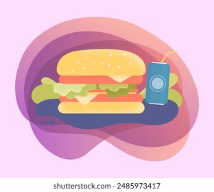 Hamburguesa enorme y bebida gaseosa con paja.  Comida chatarra, riesgo de enfermedad cardíaca, Ilustración vectorial de colesterol alto. Obesidad, concepto de comida rápida o poco saludable para el Anuncio o la página de destino