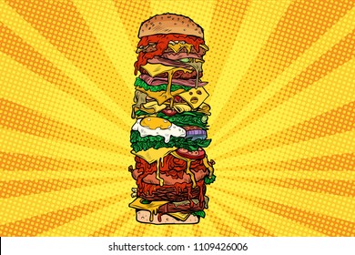 Huge Burger tower. Street fast food. Pop art retro vector illustration kitsch vintage drawing