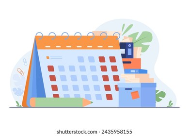 Huge calendar with four working days and three days-off. Pencil, box and folders with documents. Short working week. Vector illustration. Four day working week concept