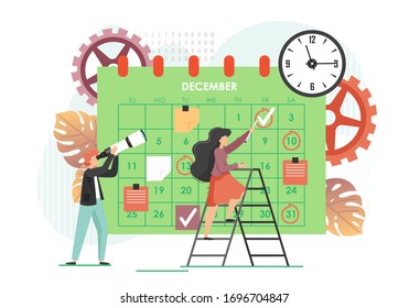 Huge calendar with stickers, check marks and micro characters scheduling, planning work, vector flat style design illustration. Calendar planner, event schedule concept.