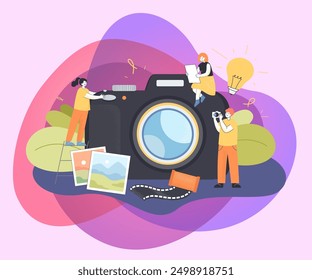 Huge camera and tiny people taking pictures. Photographer with camera, photos of landscapes flat vector illustration. Photography, occupation concept for banner, website design or landing page