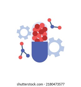 Huge capsule with rounds, molecules and gears flat style, vector illustration isolated on white background. Blue and red shades color, genetics engineering concept