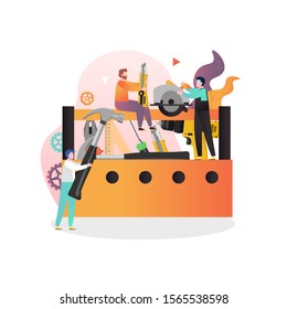 Huge carpentry hand instruments in toolbox and micro male characters woodworker repairman carpenter. Construction, house repair and home renovation concept for web banner, website page etc.