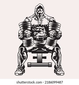 Huge cartoon comic bodybuilder with big dumbbels sitting on the bench, vector illustration