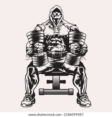 Huge cartoon comic bodybuilder with big dumbbels sitting on the bench, vector illustration