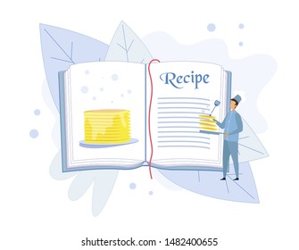 Huge Cartoon Pancakes Recipe in Cook Book. Tiny Faceless Man Chef Character in Uniform Stand with Turner and Frying Pan in Hand. Empty Paper Pages for Notice. Vector Flat Illustration. Foliage Design