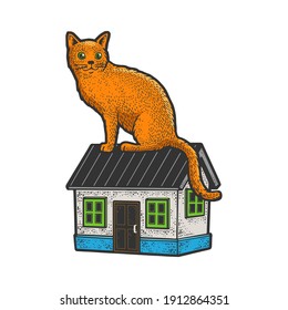 Huge cat is sitting on house color sketch engraving vector illustration. T-shirt apparel print design. Scratch board imitation. Black and white hand drawn image.