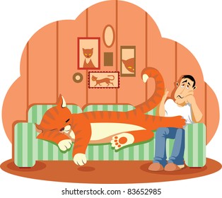 Huge cat sleeps on the couch. Man has no place