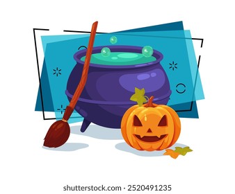 Huge cauldron with boiling green potion, pumpkin lantern and broom. Halloween banner design. Celebration, magic, holiday concept. Vector illustration can be used for poster or invitation