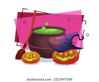 Huge cauldron with boiling green potion, pumpkin lanterns and broom. Halloween banner design. Celebration, magic, holiday concept. Vector illustration can be used for poster or invitation