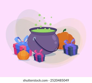 Huge cauldron with boiling potion among pumpkins and gift boxes on abstract background. Halloween banner design. Celebration, holiday, party concept. Vector illustration for postcard or poster