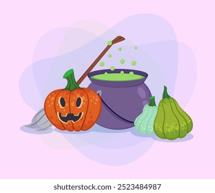 Huge cauldron with boiling potion, pumpkins, jack-o-lantern and broom on abstract background. Halloween banner design. Celebration, holiday, party concept. Vector illustration for postcard or poster